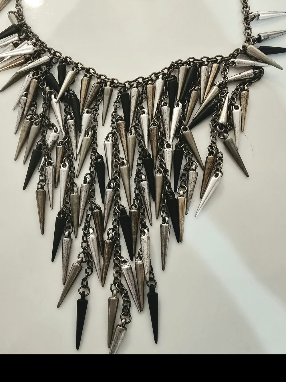 Statement Spike Fringe Necklace in Silver, Brass and Black